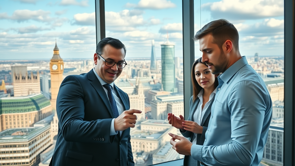 Email automation London over modern London skyline, business professionals using digital marketing tools