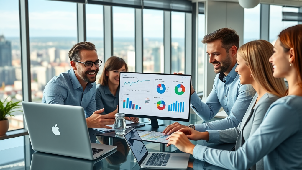 Dynamic business team analyzing digital marketing reports in a modern office in London Ontario, showcasing online marketing strategies and ROI increases.