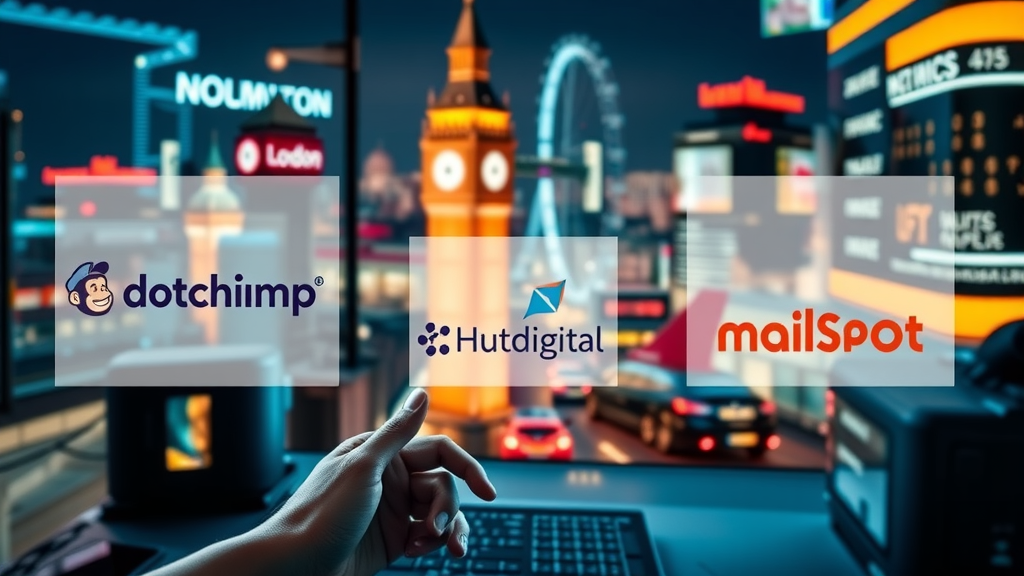 vivid collage featuring the logos and interfaces of the top 5 London email marketing tools, energetic, representing digital comparison, Cinematic, digital workspace background with neon cityscape overlay, highly detailed, dynamic overlays, bright color palette, studio lighting, shot with a 35mm lens.