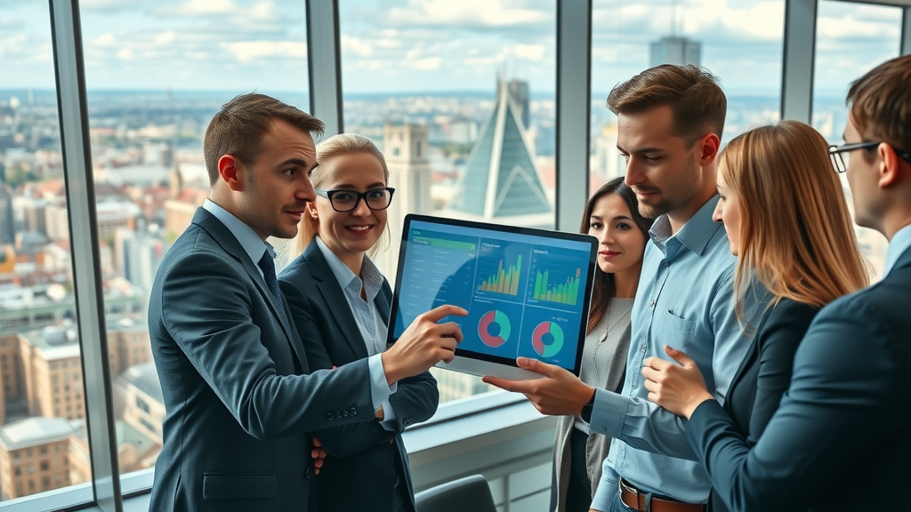 vibrant cityscape, bustling London business professionals, collaborating over digital marketing data, email marketing ROI London, contemporary London office with panoramic city views