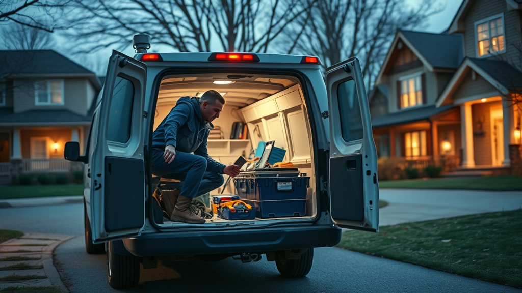 Emergency HVAC technicians responding to urgent call at night with service van