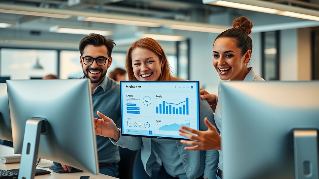 Marketing agency team in London celebrating successful targeted email marketing campaign results with high open rates and sales, digital screens displaying campaign performance.