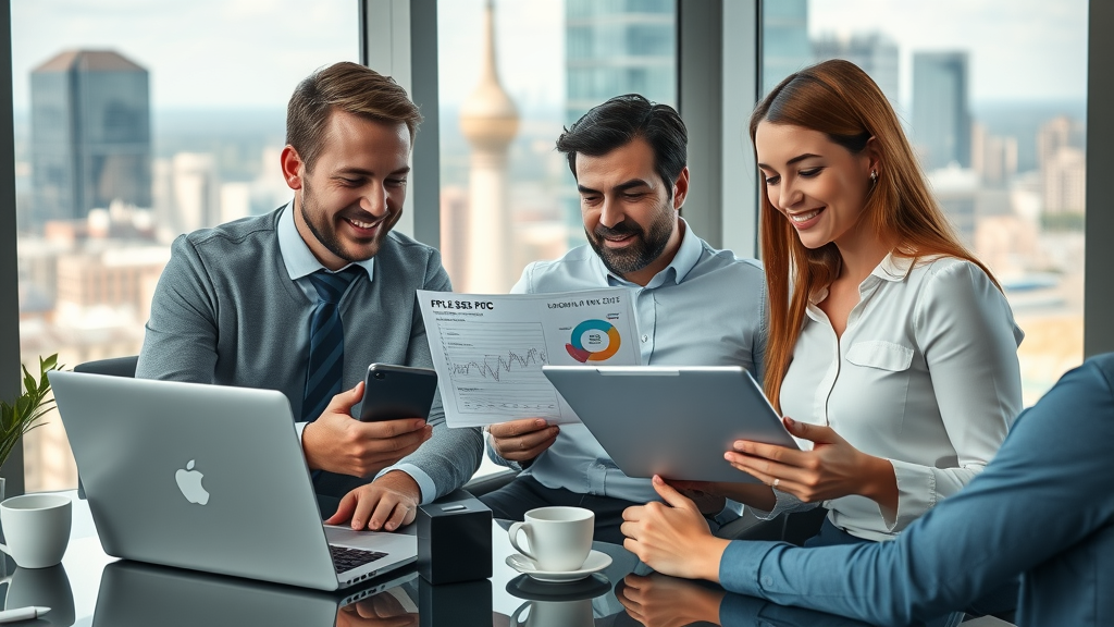 business team analyzing PPC advertising reports london ontario, cityscape view, digital marketing agency
