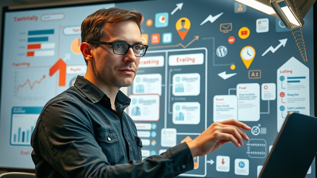 creative workspace showing a London marketer mapping out an email workflow on a digital board, thoughtful expression, planning, High Fantasy, background filled with marketing strategy icons and floating workflow elements, highly detailed, arrows and charts in motion, bold contrasting colors, spotlighted lighting, shot with a 35mm lens.