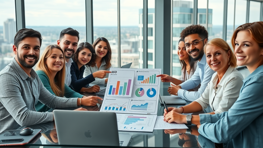 seo content marketing london ontario vibrant team collaborating with seo charts in london ontario office environment