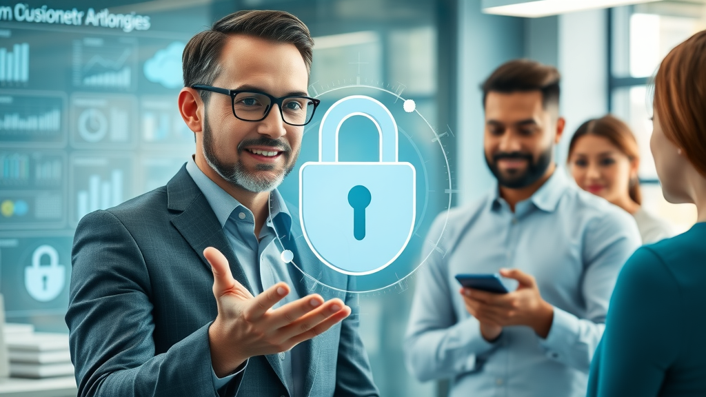 digital marketing trends 2024 - marketer discussing data privacy with secure padlock hologram and compliance visuals