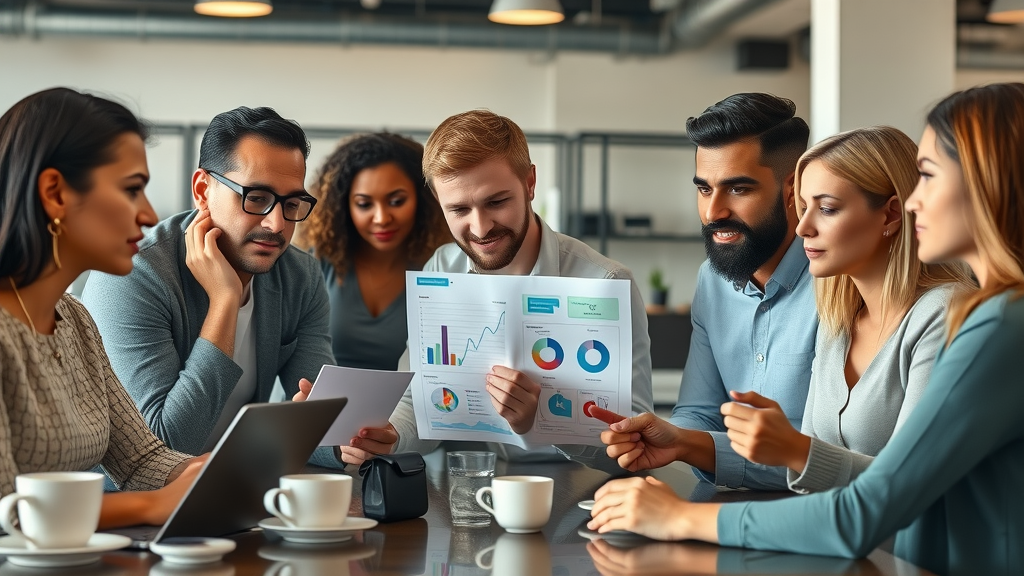 diverse customers analyzing charts and survey data for small business online marketing personas