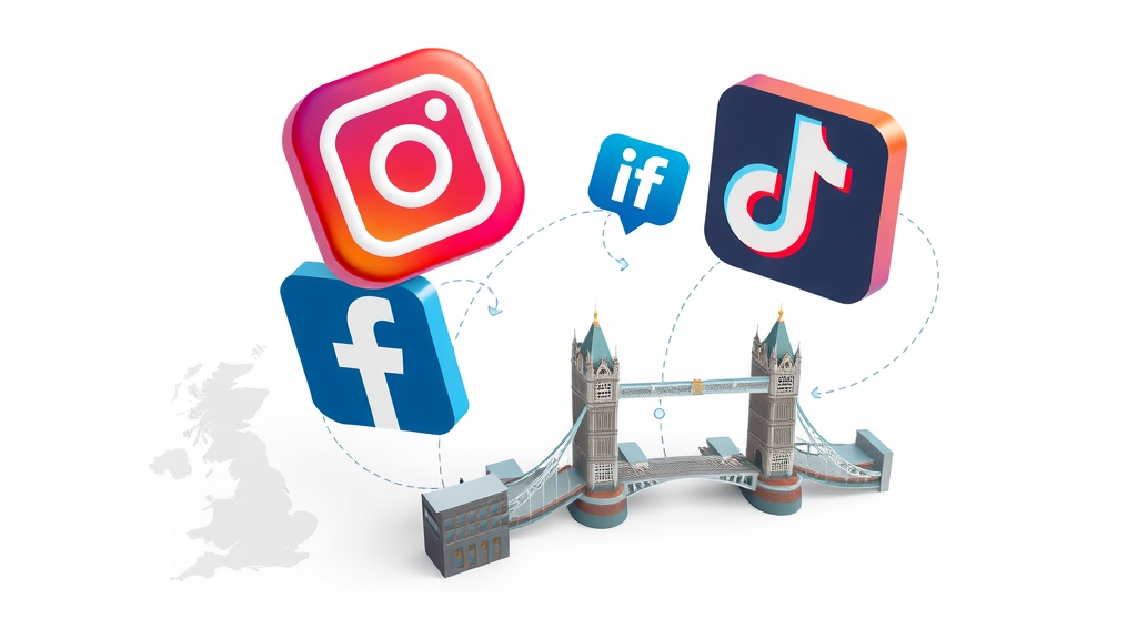 multi-channel strategies social media marketing london icons of Instagram Facebook TikTok LinkedIn over London outline