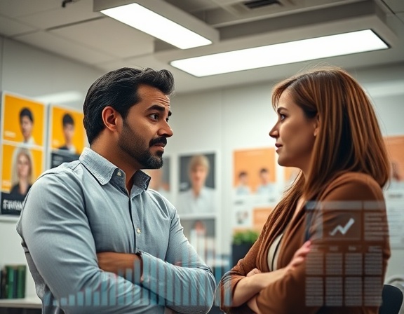 comprehensive consumer insights, thoughtful reflection, discussing research outcomes, photorealistic, in a modern office with posters of different demographics, highly detailed, real-time data stream overlay, shot with a standard lens, warm tones, overhead fluorescent lighting