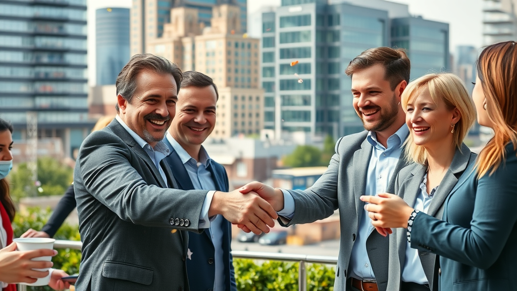 Vibrant downtown business district, SEO agency business owners celebrating with confetti and charts showing rising lines in modern London Ontario