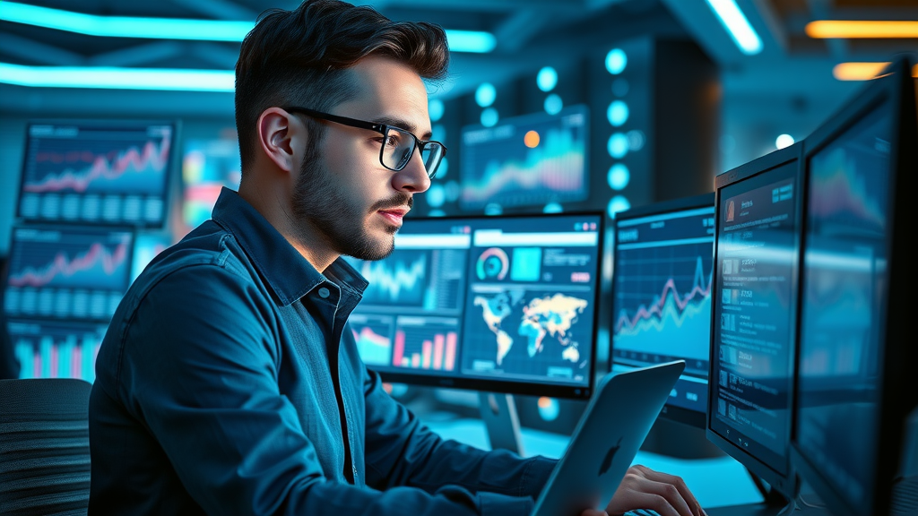digital marketer reviewing content marketing campaign analytics on screens, evaluating engagement data