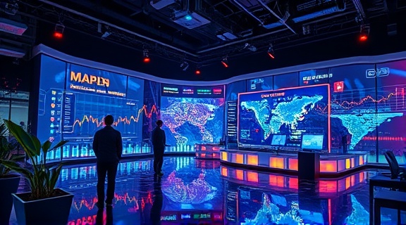 dynamic market trends, eager anticipation, mapping future trends, photorealistic, in a futuristic workspace with holographic displays and projections, highly detailed, animated trend lines and arrows, shot with a wide-angle lens, vibrant colors, accentuated by spotlights