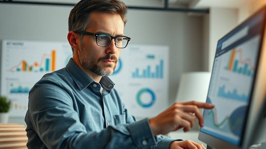 SEO specialist at London ON agency analyzing keyword research dashboard data