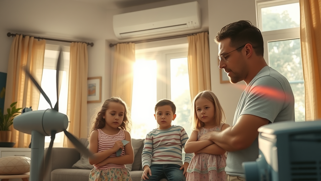 Family and technician with emergency HVAC service for broken AC in summer