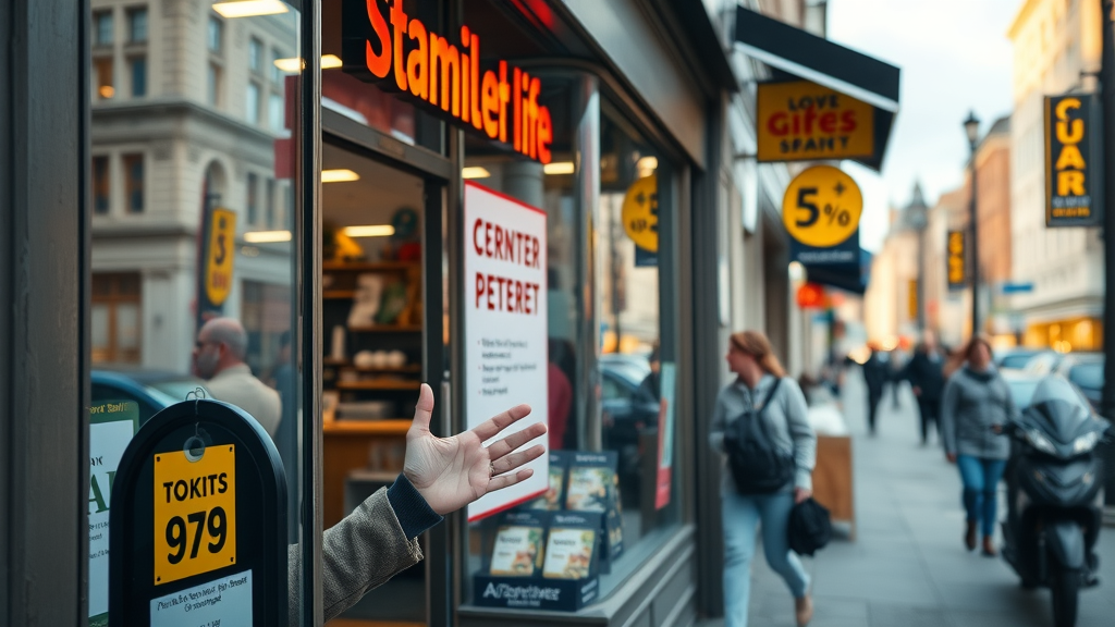 vibrant small business storefront in London Ontario with creative digital marketing signage, city street setting, real-life customer interaction, digital marketing ideas for small business in London Ontario