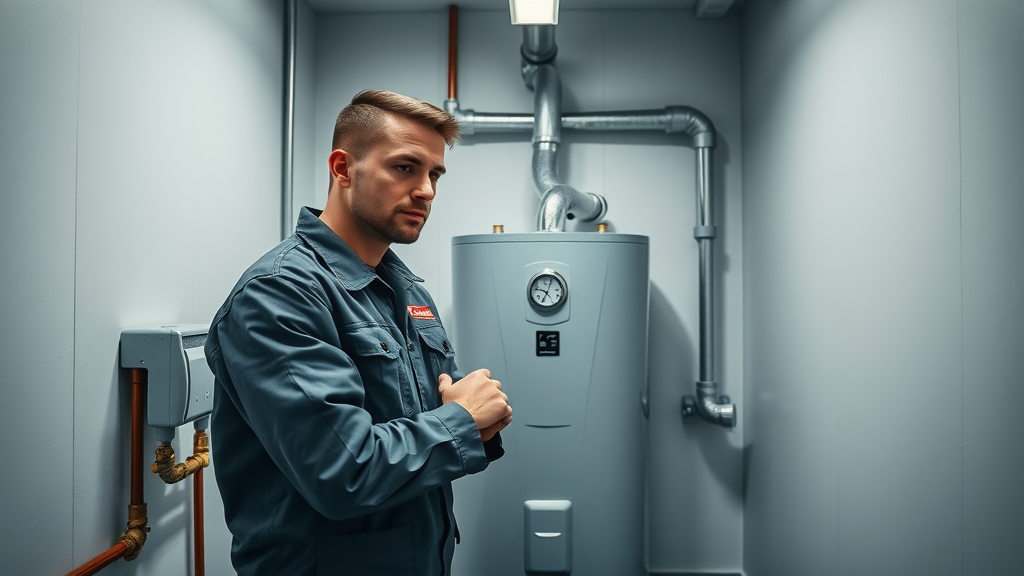 Plumbing services professional working on water heater in organized utility room