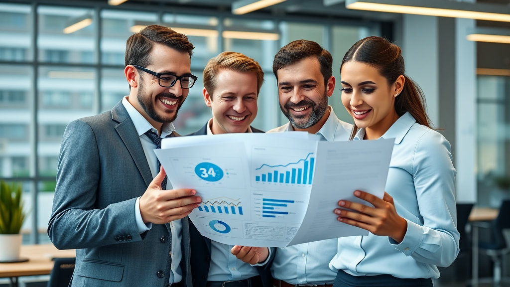 Email marketing London services team reviewing ROI reports in modern London office