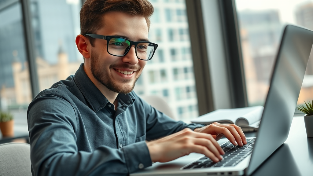 close-up of a professional London marketer typing on a laptop with email campaign statistics and colorful graphs reflecting on glasses, confident smile, working, Photorealistic High Fidelity Lifelike, modern workspace background with window view of city, highly detailed, subtle motion blur on hands, neutral color palette, natural daylight, shot with an 85mm lens.