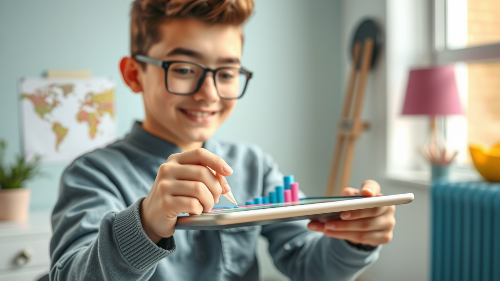 media marketing tools for small businesses - artistic content creator designing graphics on tablet in vibrant studio, colorful shapes and icons