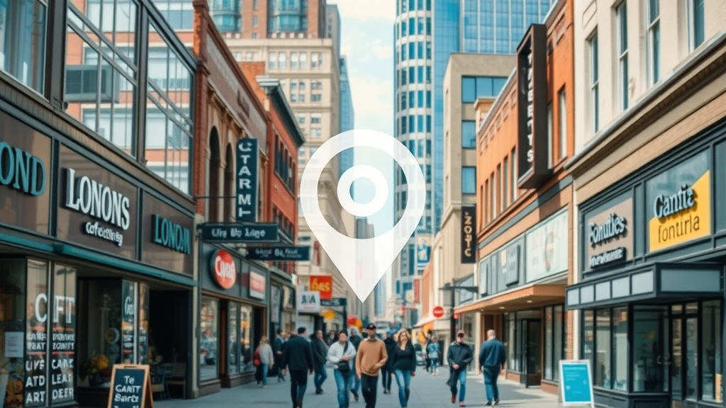 dynamic cityscape of downtown London Ontario, bustling with small businesses, vibrant atmosphere, digital local search overlay, local seo london on