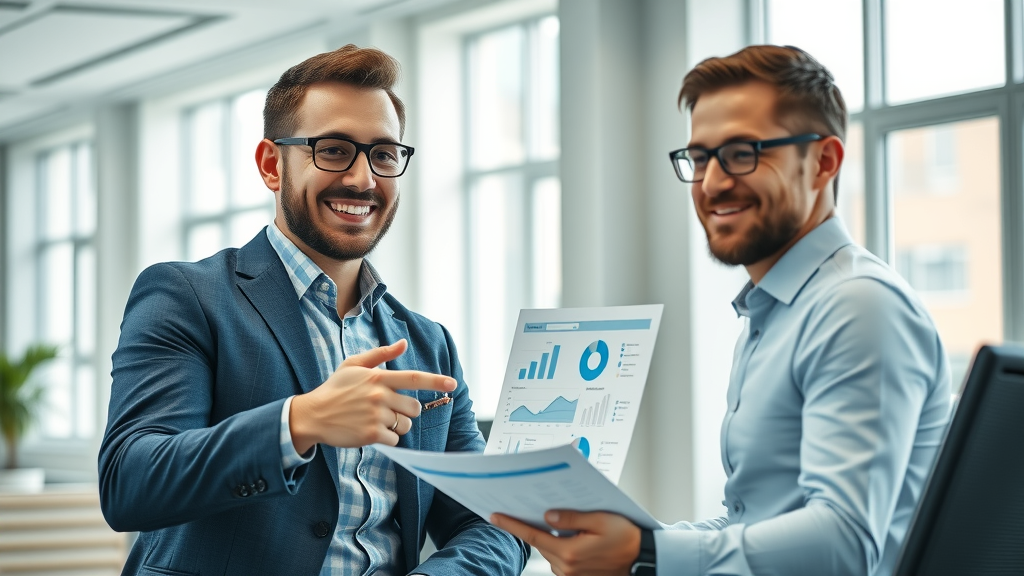 Confident SEO consultant London ON presents a tailored digital marketing strategy in a bright meeting room with tech devices, client engagement, charts and graphs visible