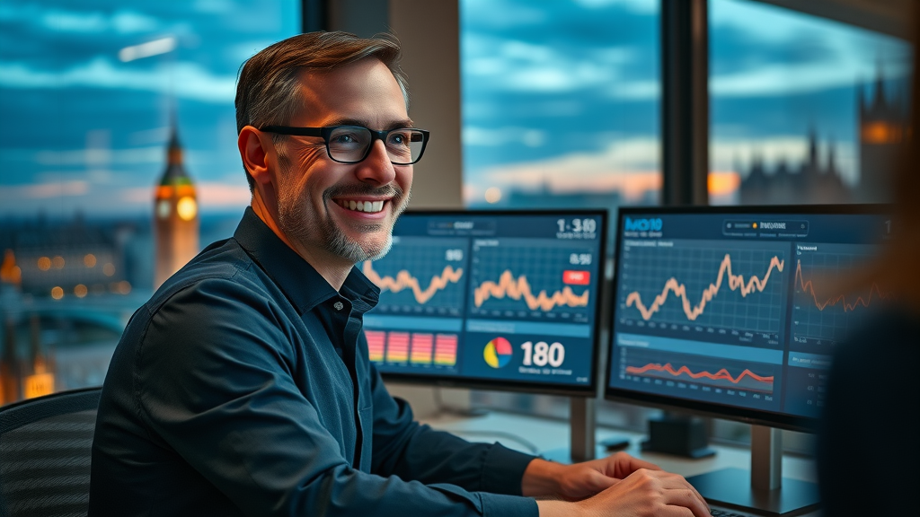 analyst measuring email marketing success metrics in London office