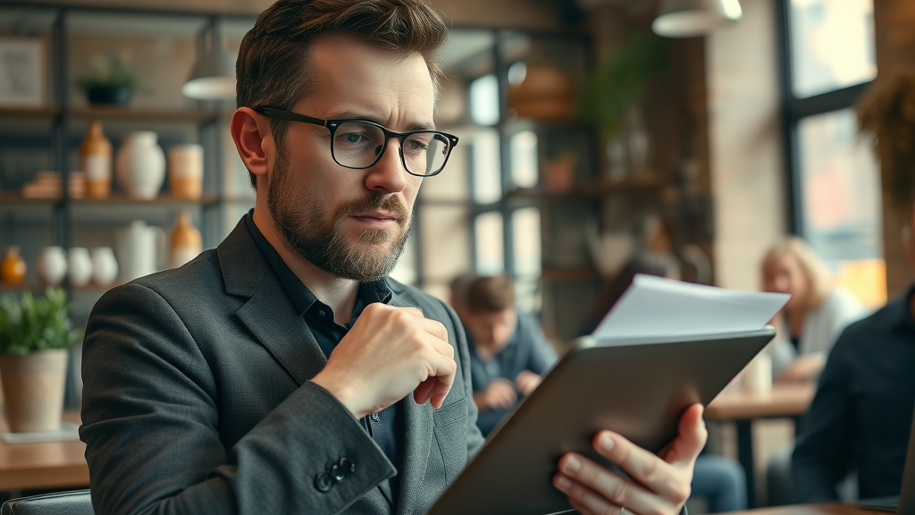 contemplative London Ontario small business owner reviewing SEO report in cozy café