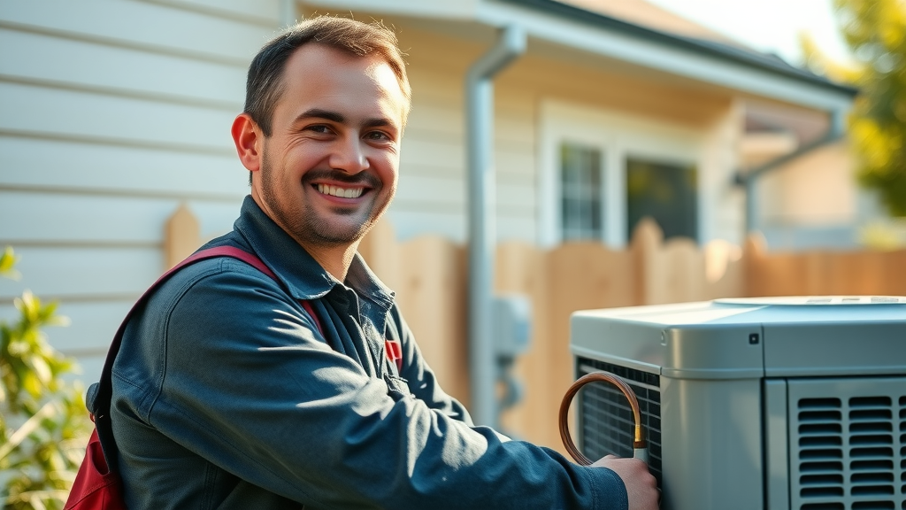 Professional HVAC technician performing air conditioning repair outdoors