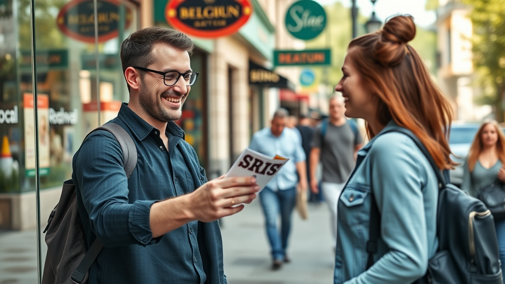 small business owner handing promotional flyer for local business marketing, community outreach