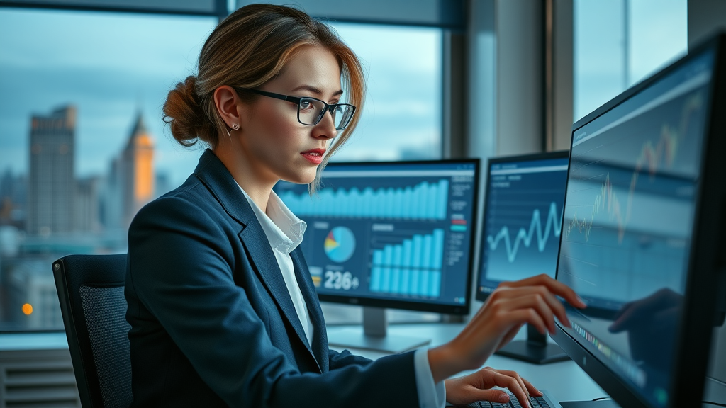 Businesswoman reviewing marketing analytics on computer in London Ontario, tracking local content marketing ROI