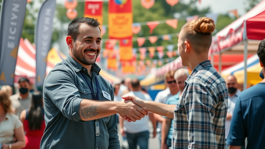 Small business event with owner shaking hands with customers