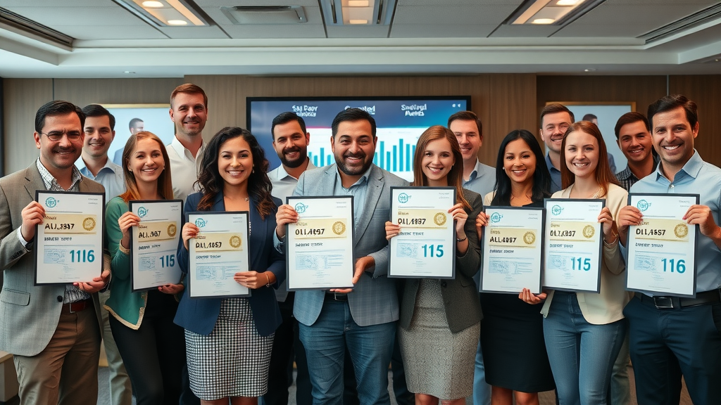 diverse group of professionals presenting successful email marketing ROI London campaign results, awards and digital data in London conference room