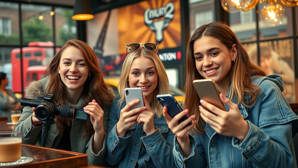 Top influencer London content creators filming social media in trendy London café setting, engaging followers
