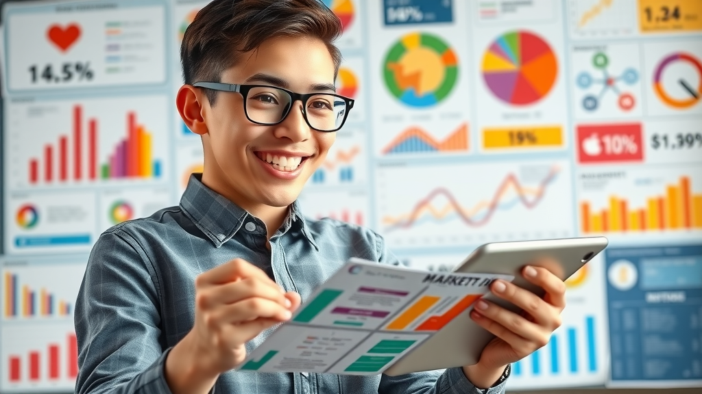 Motivated marketer analyzing market data with colorful charts and vision board