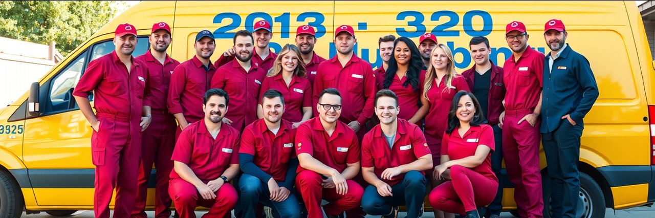 Professional plumbing services team in red uniforms with company van outdoors