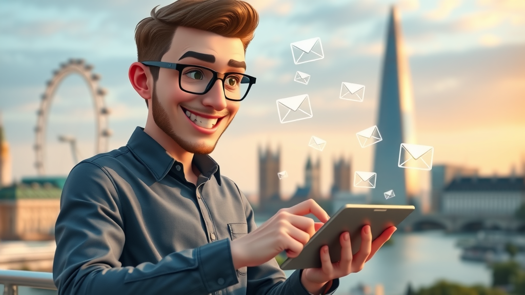 email marketer crafting winning email campaign with London landmarks in background