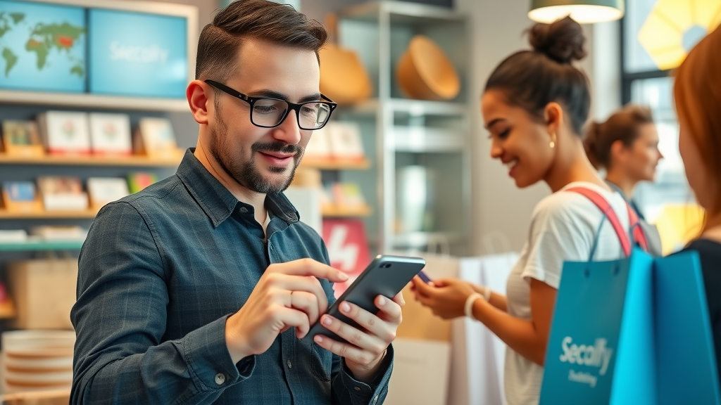 Small business owner showing a mobile-optimized website to a customer, showcasing local SEO optimization.
