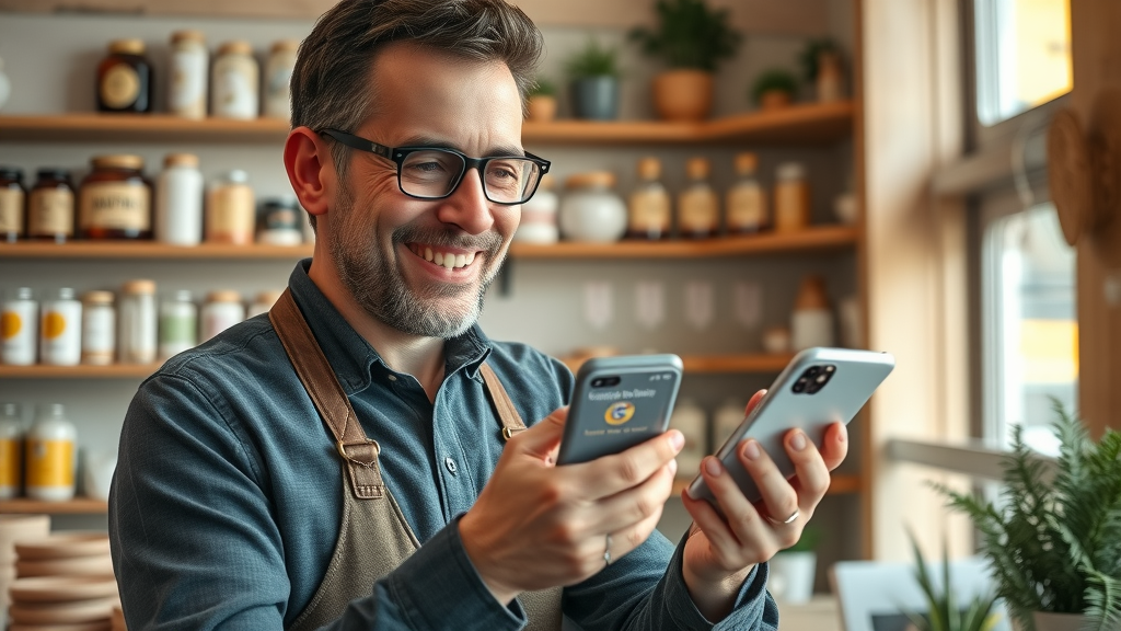 local shop owner updating Google My Business listing for small business online marketing