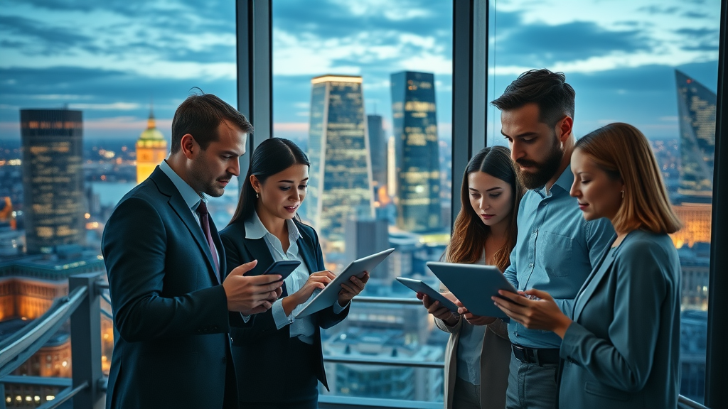 b2b content marketing london professionals collaborating in modern glass office overlooking illuminated London cityscape with skyline and river Thames visible