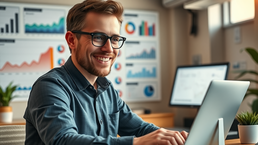 Confident entrepreneur using digital marketing dashboards to analyze business growth for affordable digital marketing services.