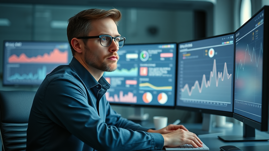 Professional marketer analyzing automated email performance metrics in London office
