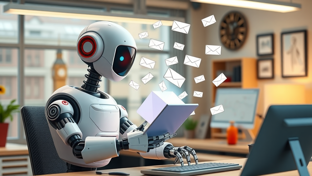 animated representation of email automation with robotic arms seamlessly managing an inbox and sending emails, proactive energy, operating, 3D Cartoon, office setting with London paraphernalia, highly detailed, animated email icons flying into inbox, primary colors, soft glow lighting, shot with a 35mm lens.