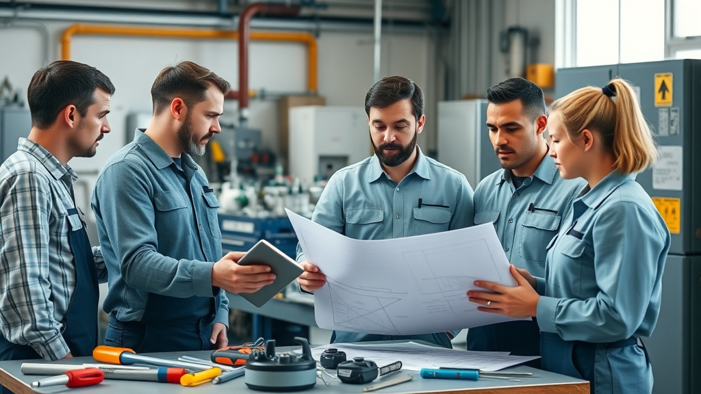 Certified technicians team collaborates over blueprints in professional workshop