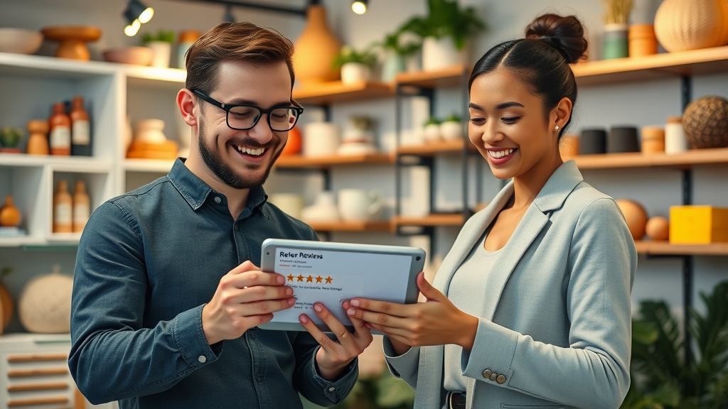 Local business team engaging with customer reviews notifications in a boutique, supporting online reputation for local SEO.