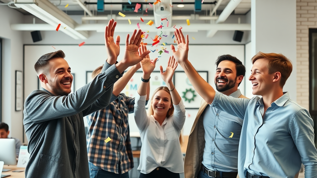 motivated small business team celebrating email marketing success