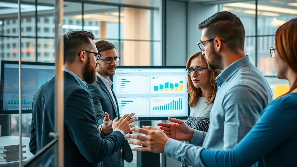 London email marketing trends in a modern office, diverse team reviewing colourful campaign data, digital screens, London skyline in background