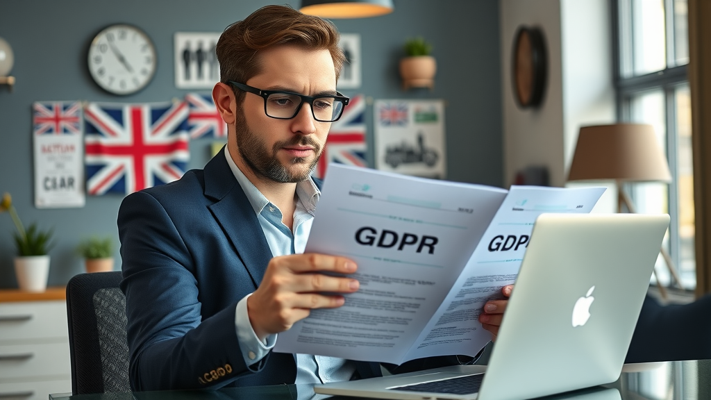 confident marketing consultant reviewing GDPR and email marketing compliance in modern London workspace