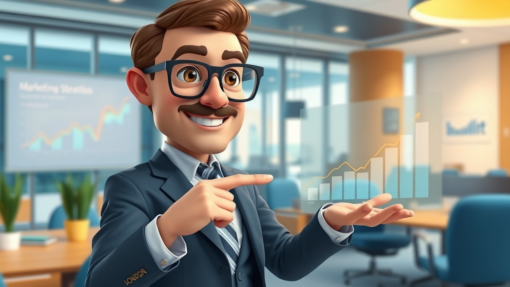 content marketing agency strategist in London presents digital chart showing B2B lead growth, blue and gold office setting