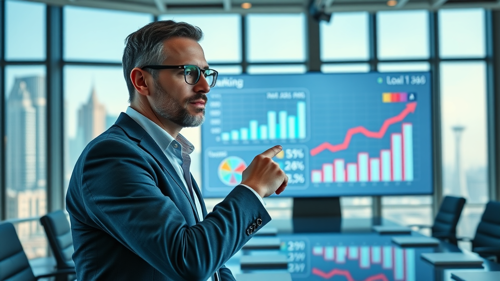 Professional marketing analyst points to local ranking statistics on a large screen, highlighting the impact of local SEO optimization in a modern office.