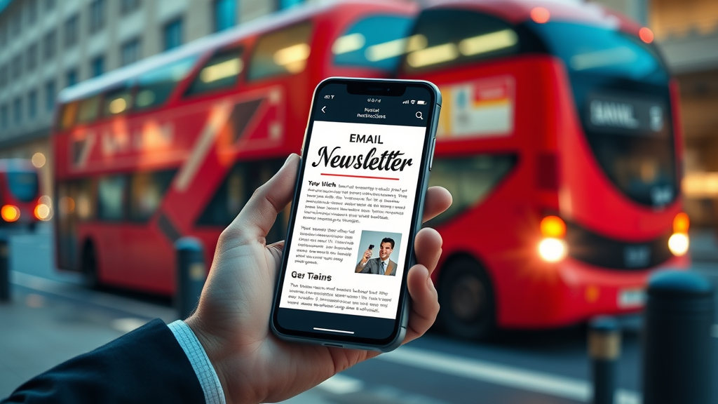 London email marketing trends - visual-rich email newsletter on smartphone, businessperson, red London bus blurred background